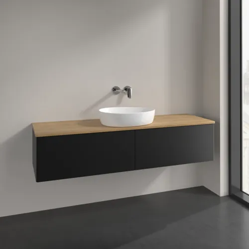 Bild von VILLEROY BOCH Antao Waschbeckenunterschrank, mit Beleuchtung, 2 Auszüge, 1600 x 360 x 500 mm, Front ohne Struktur, Black Matt Lacquer / Honey Oak #L36011PD