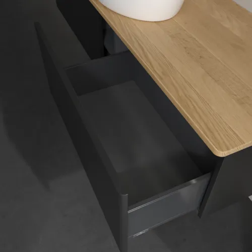 Bild von VILLEROY BOCH Antao Waschbeckenunterschrank, mit Beleuchtung, 2 Auszüge, 1600 x 360 x 500 mm, Front ohne Struktur, Black Matt Lacquer / Honey Oak #L36011PD