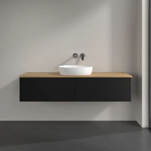 Bild von VILLEROY BOCH Antao Waschbeckenunterschrank, mit Beleuchtung, 2 Auszüge, 1600 x 360 x 500 mm, Front ohne Struktur, Black Matt Lacquer / Honey Oak #L36011PD
