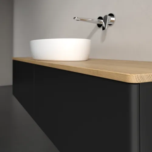 Bild von VILLEROY BOCH Antao Waschbeckenunterschrank, mit Beleuchtung, 2 Auszüge, 1600 x 360 x 500 mm, Front ohne Struktur, Black Matt Lacquer / Honey Oak #L36011PD