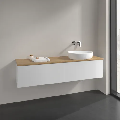 Bild von VILLEROY BOCH Antao Waschbeckenunterschrank, mit Beleuchtung, 2 Auszüge, 1600 x 360 x 500 mm, Front ohne Struktur, Glossy White Lacquer / Honey Oak #L38011GF