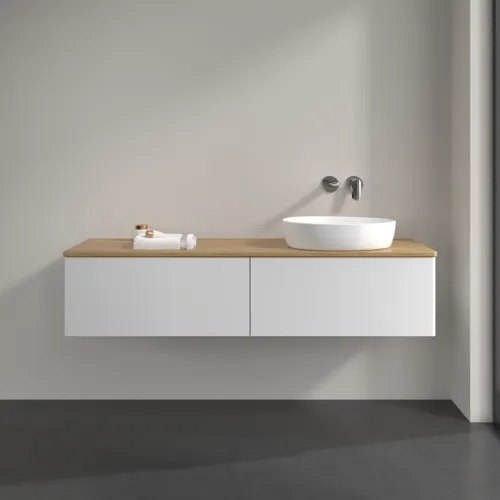 Bild von VILLEROY BOCH Antao Waschbeckenunterschrank, mit Beleuchtung, 2 Auszüge, 1600 x 360 x 500 mm, Front ohne Struktur, Glossy White Lacquer / Honey Oak #L38011GF
