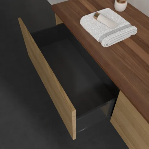 Bild von VILLEROY BOCH Antao Waschbeckenunterschrank, mit Beleuchtung, 2 Auszüge, 1600 x 360 x 500 mm, Front ohne Struktur, Honey Oak / Warm Walnut #L38012HN