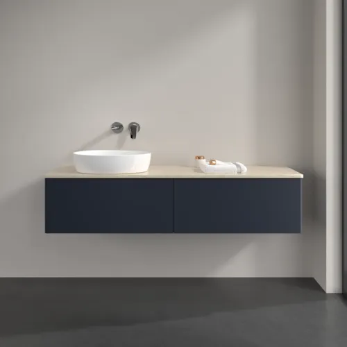 Bild von VILLEROY BOCH Antao Waschbeckenunterschrank, mit Beleuchtung, 2 Auszüge, 1600 x 360 x 500 mm, Front ohne Struktur, Midnight Blue Matt Lacquer / Botticino #L37013HG