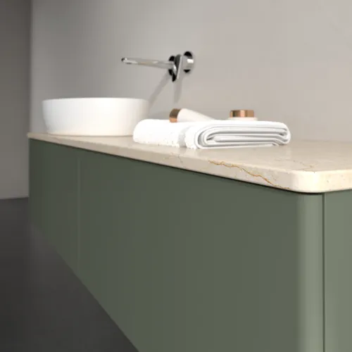 Bild von VILLEROY BOCH Antao Waschbeckenunterschrank, mit Beleuchtung, 2 Auszüge, 1600 x 360 x 500 mm, Front ohne Struktur, Leaf Green Matt Lacquer / Botticino #L37013HL