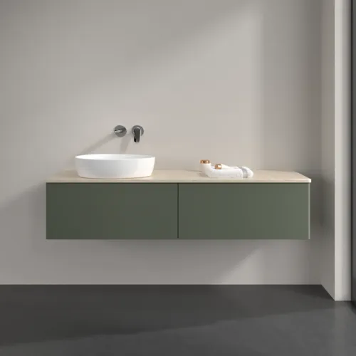 Bild von VILLEROY BOCH Antao Waschbeckenunterschrank, mit Beleuchtung, 2 Auszüge, 1600 x 360 x 500 mm, Front ohne Struktur, Leaf Green Matt Lacquer / Botticino #L37013HL
