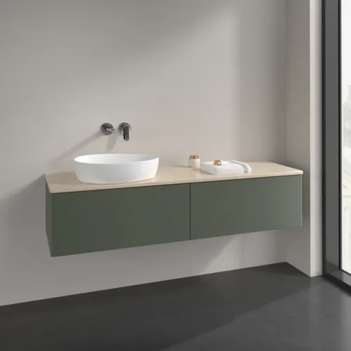 Bild von VILLEROY BOCH Antao Waschbeckenunterschrank, mit Beleuchtung, 2 Auszüge, 1600 x 360 x 500 mm, Front ohne Struktur, Leaf Green Matt Lacquer / Botticino #L37013HL