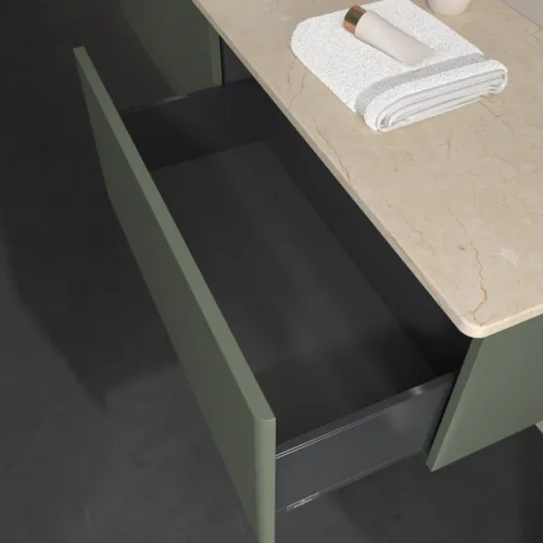 Bild von VILLEROY BOCH Antao Waschbeckenunterschrank, mit Beleuchtung, 2 Auszüge, 1600 x 360 x 500 mm, Front ohne Struktur, Leaf Green Matt Lacquer / Botticino #L37013HL