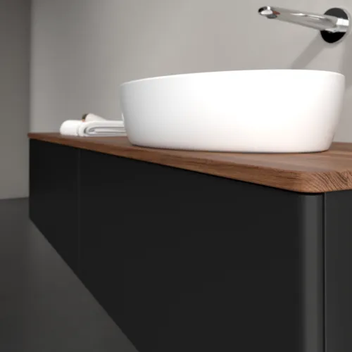 Bild von VILLEROY BOCH Antao Waschbeckenunterschrank, mit Beleuchtung, 2 Auszüge, 1600 x 360 x 500 mm, Front ohne Struktur, Black Matt Lacquer / Warm Walnut #L38012PD