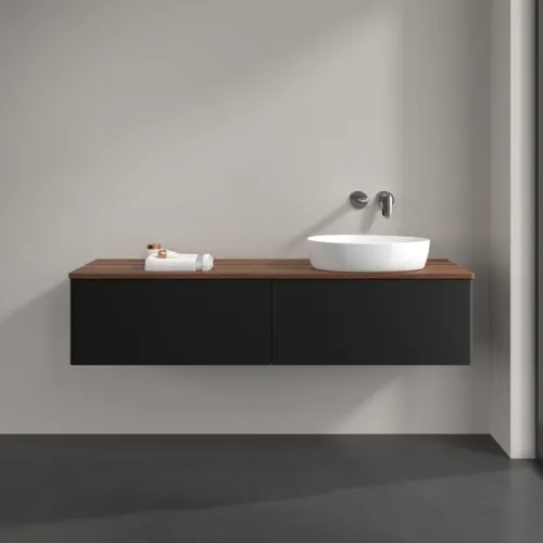 Bild von VILLEROY BOCH Antao Waschbeckenunterschrank, mit Beleuchtung, 2 Auszüge, 1600 x 360 x 500 mm, Front ohne Struktur, Black Matt Lacquer / Warm Walnut #L38012PD