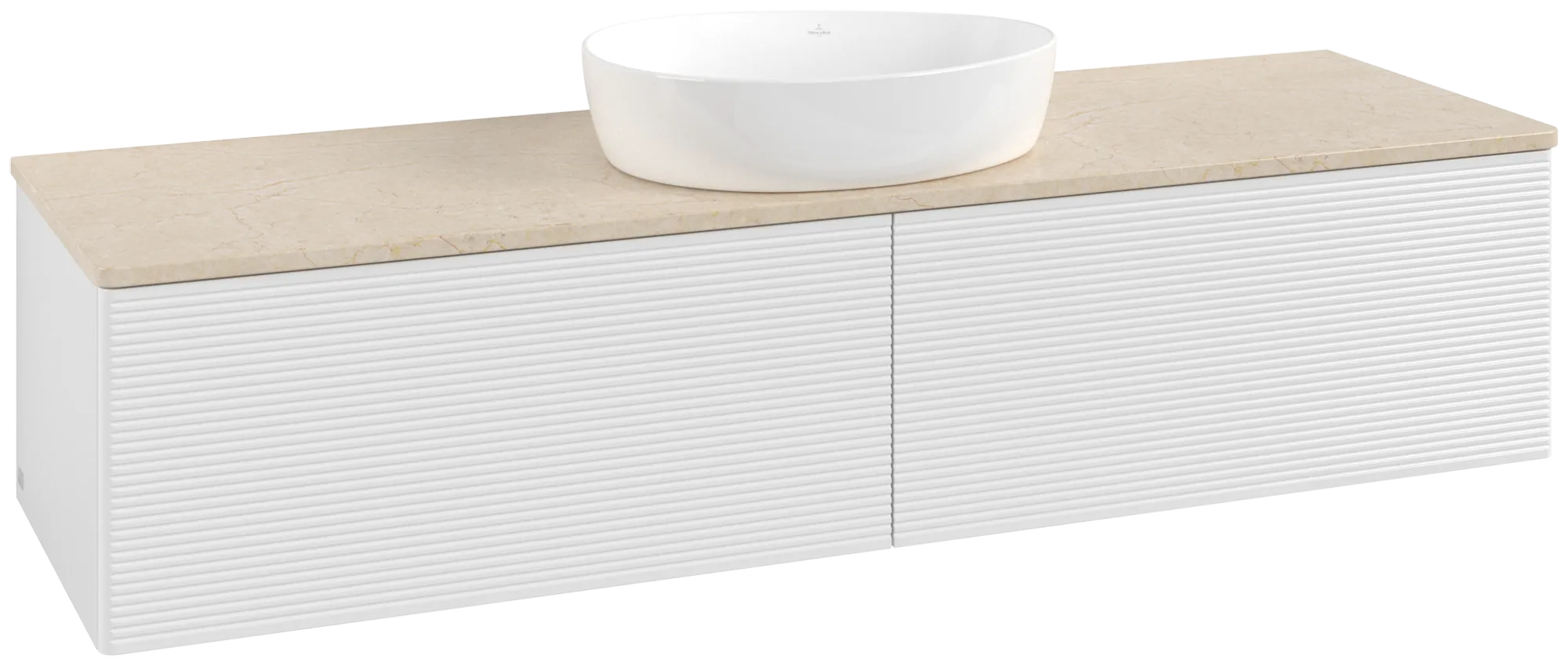 Picture of VILLEROY BOCH Antao Vanity unit, with lighting, 2 pull-out compartments, 1600 x 360 x 500 mm, Front with grain texture, Glossy White Lacquer / Botticino #L36113GF
