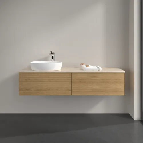 Bild von VILLEROY BOCH Antao Waschbeckenunterschrank, mit Beleuchtung, 2 Auszüge, 1600 x 360 x 500 mm, Front mit Struktur, Honey Oak / Botticino #L37153HN