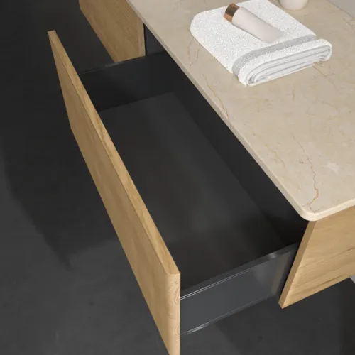 Bild von VILLEROY BOCH Antao Waschbeckenunterschrank, mit Beleuchtung, 2 Auszüge, 1600 x 360 x 500 mm, Front mit Struktur, Honey Oak / Botticino #L37153HN