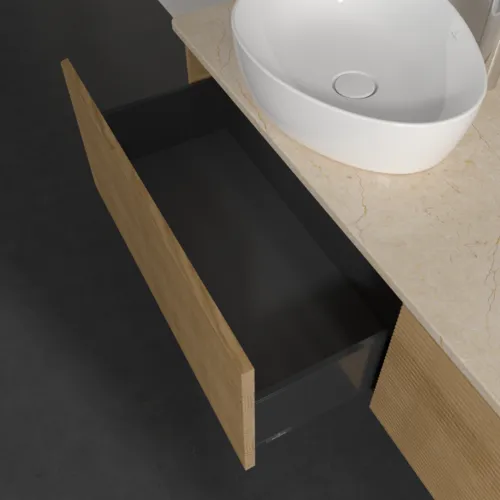Bild von VILLEROY BOCH Antao Waschbeckenunterschrank, mit Beleuchtung, 2 Auszüge, 1600 x 360 x 500 mm, Front mit Struktur, Honey Oak / Botticino #L37153HN
