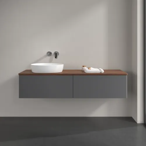 Bild von VILLEROY BOCH Antao Waschbeckenunterschrank, mit Beleuchtung, 2 Auszüge, 1600 x 360 x 500 mm, Front ohne Struktur, Anthracite Matt Lacquer / Warm Walnut #L37012GK