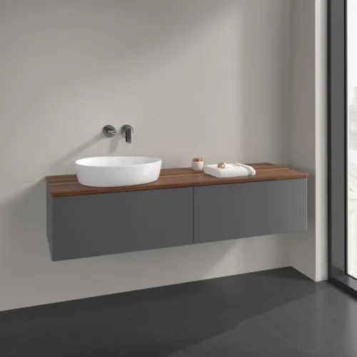Bild von VILLEROY BOCH Antao Waschbeckenunterschrank, mit Beleuchtung, 2 Auszüge, 1600 x 360 x 500 mm, Front ohne Struktur, Anthracite Matt Lacquer / Warm Walnut #L37012GK