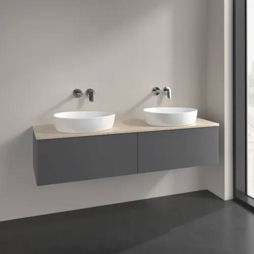 Bild von VILLEROY BOCH Antao Waschbeckenunterschrank, mit Beleuchtung, 2 Auszüge, 1600 x 360 x 500 mm, Front ohne Struktur, Anthracite Matt Lacquer / Botticino #L39013GK