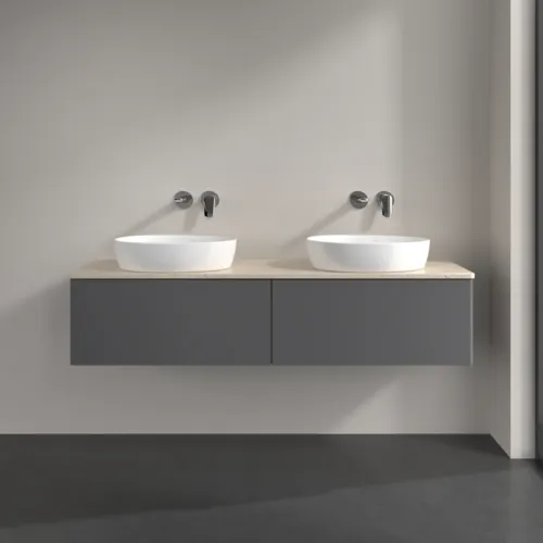 Bild von VILLEROY BOCH Antao Waschbeckenunterschrank, mit Beleuchtung, 2 Auszüge, 1600 x 360 x 500 mm, Front ohne Struktur, Anthracite Matt Lacquer / Botticino #L39013GK