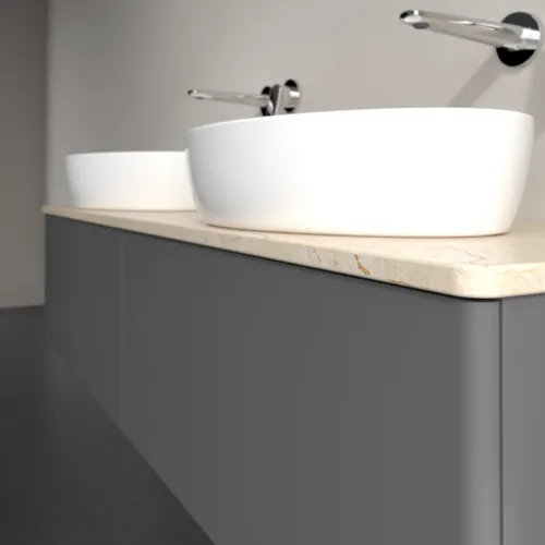 Bild von VILLEROY BOCH Antao Waschbeckenunterschrank, mit Beleuchtung, 2 Auszüge, 1600 x 360 x 500 mm, Front ohne Struktur, Anthracite Matt Lacquer / Botticino #L39013GK