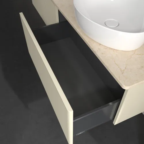 Obrázek VILLEROY BOCH Antao Vanity unit, with lighting, 2 pull-out compartments, 1600 x 360 x 500 mm, Front with grain texture, Silk Grey Matt Lacquer / Botticino #L39113HJ