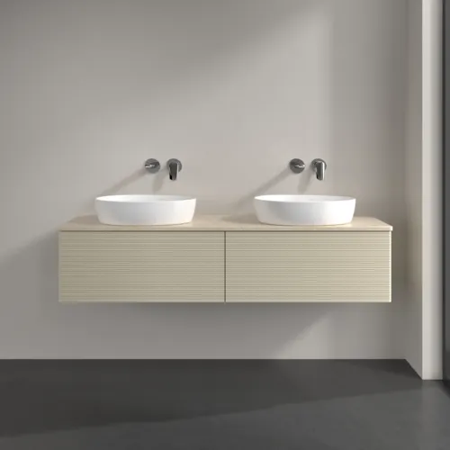 Obrázek VILLEROY BOCH Antao Vanity unit, with lighting, 2 pull-out compartments, 1600 x 360 x 500 mm, Front with grain texture, Silk Grey Matt Lacquer / Botticino #L39113HJ
