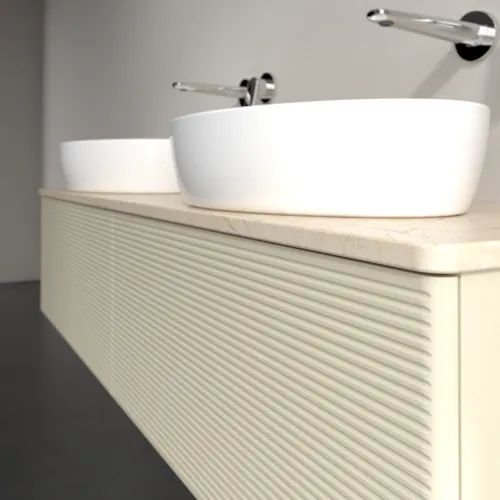 Obrázek VILLEROY BOCH Antao Vanity unit, with lighting, 2 pull-out compartments, 1600 x 360 x 500 mm, Front with grain texture, Silk Grey Matt Lacquer / Botticino #L39113HJ