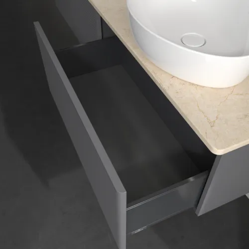 Picture of VILLEROY BOCH Antao Vanity unit, with lighting, 2 pull-out compartments, 1600 x 360 x 500 mm, Front with grain texture, Anthracite Matt Lacquer / Botticino #L39113GK