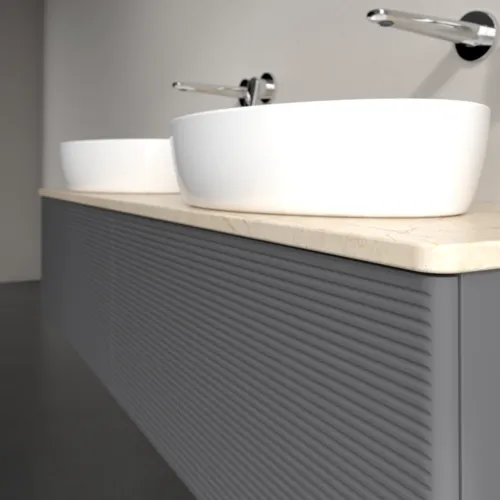 Picture of VILLEROY BOCH Antao Vanity unit, with lighting, 2 pull-out compartments, 1600 x 360 x 500 mm, Front with grain texture, Anthracite Matt Lacquer / Botticino #L39113GK