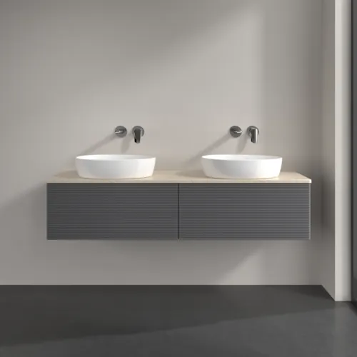 Picture of VILLEROY BOCH Antao Vanity unit, with lighting, 2 pull-out compartments, 1600 x 360 x 500 mm, Front with grain texture, Anthracite Matt Lacquer / Botticino #L39113GK