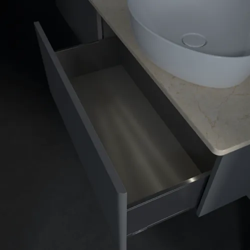 Picture of VILLEROY BOCH Antao Vanity unit, with lighting, 2 pull-out compartments, 1600 x 360 x 500 mm, Front with grain texture, Anthracite Matt Lacquer / Botticino #L39113GK