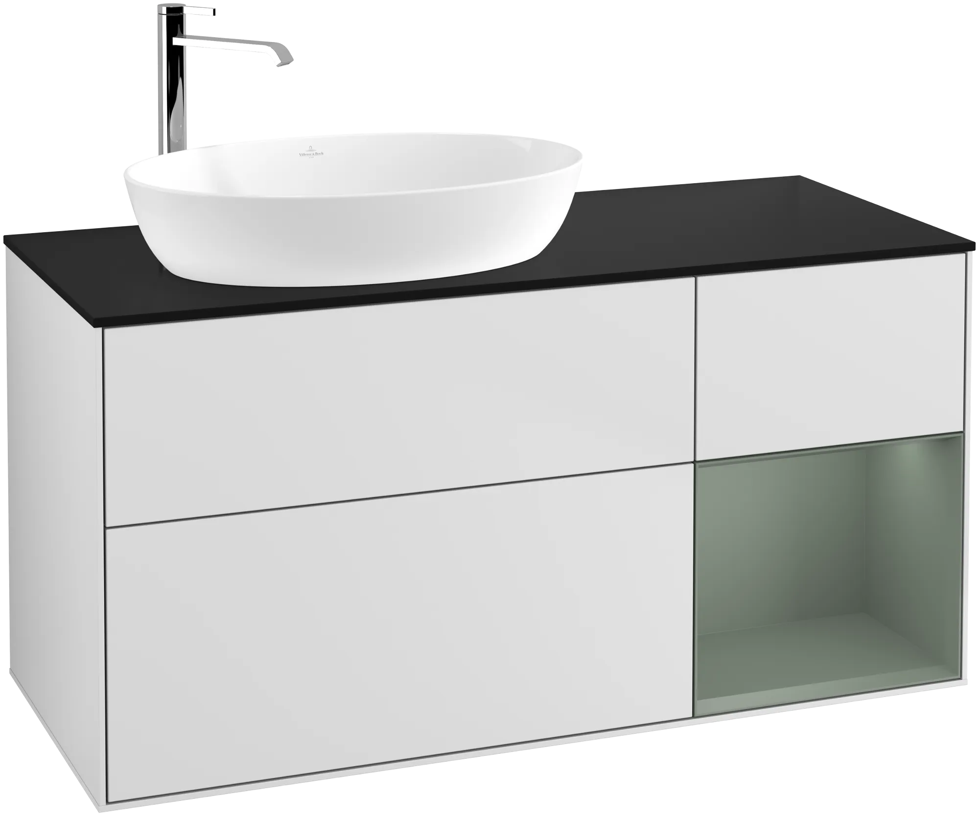 Bild von VILLEROY BOCH Finion Waschbeckenunterschrank, mit Beleuchtung, 3 Auszüge, 1200 x 603 x 501 mm, White Matt Lacquer / Olive Matt Lacquer / Glass Black Matt #G932GMMT