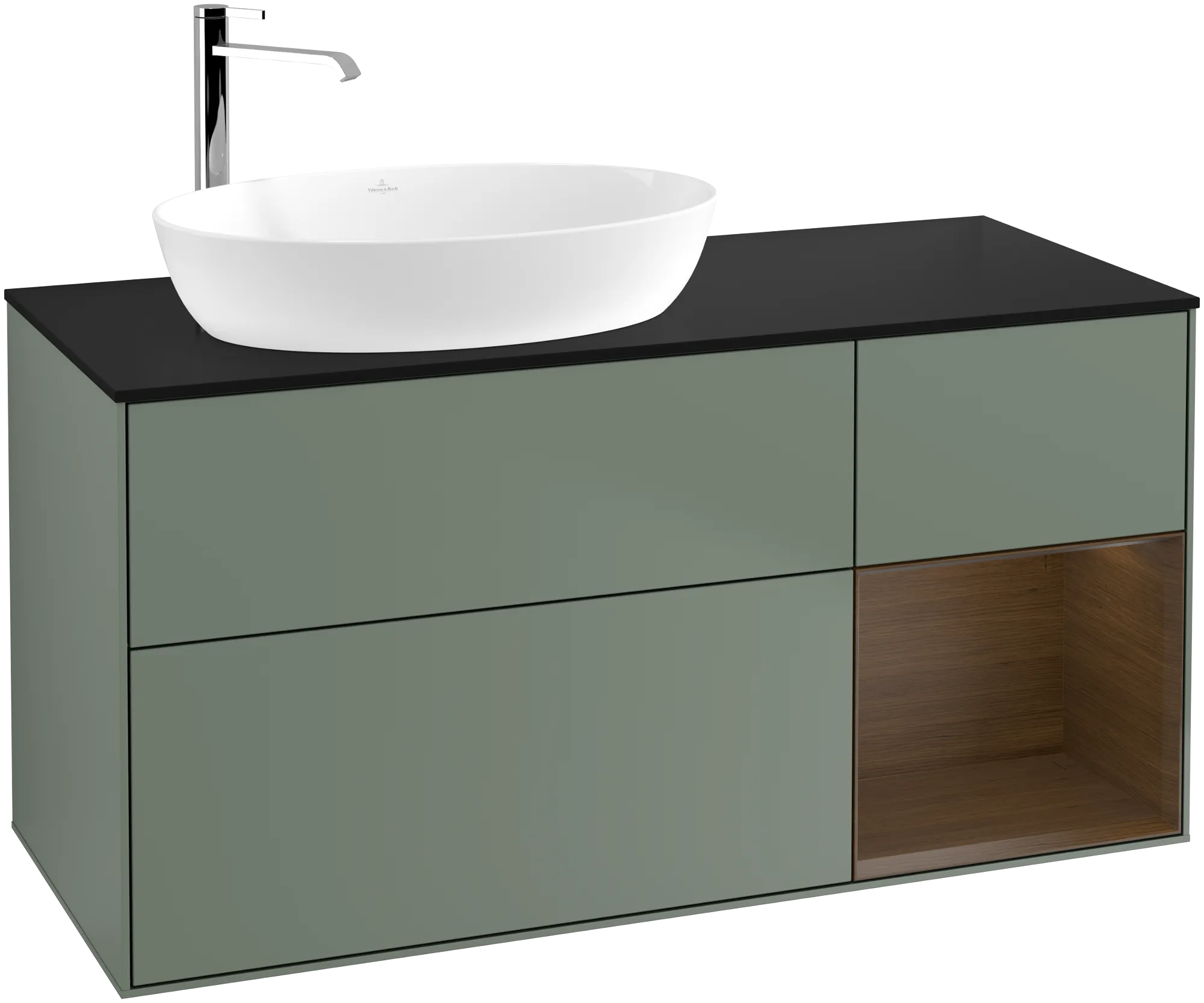 Bild von VILLEROY BOCH Finion Waschbeckenunterschrank, mit Beleuchtung, 3 Auszüge, 1200 x 603 x 501 mm, Olive Matt Lacquer / Walnut Veneer / Glass Black Matt #G932GNGM