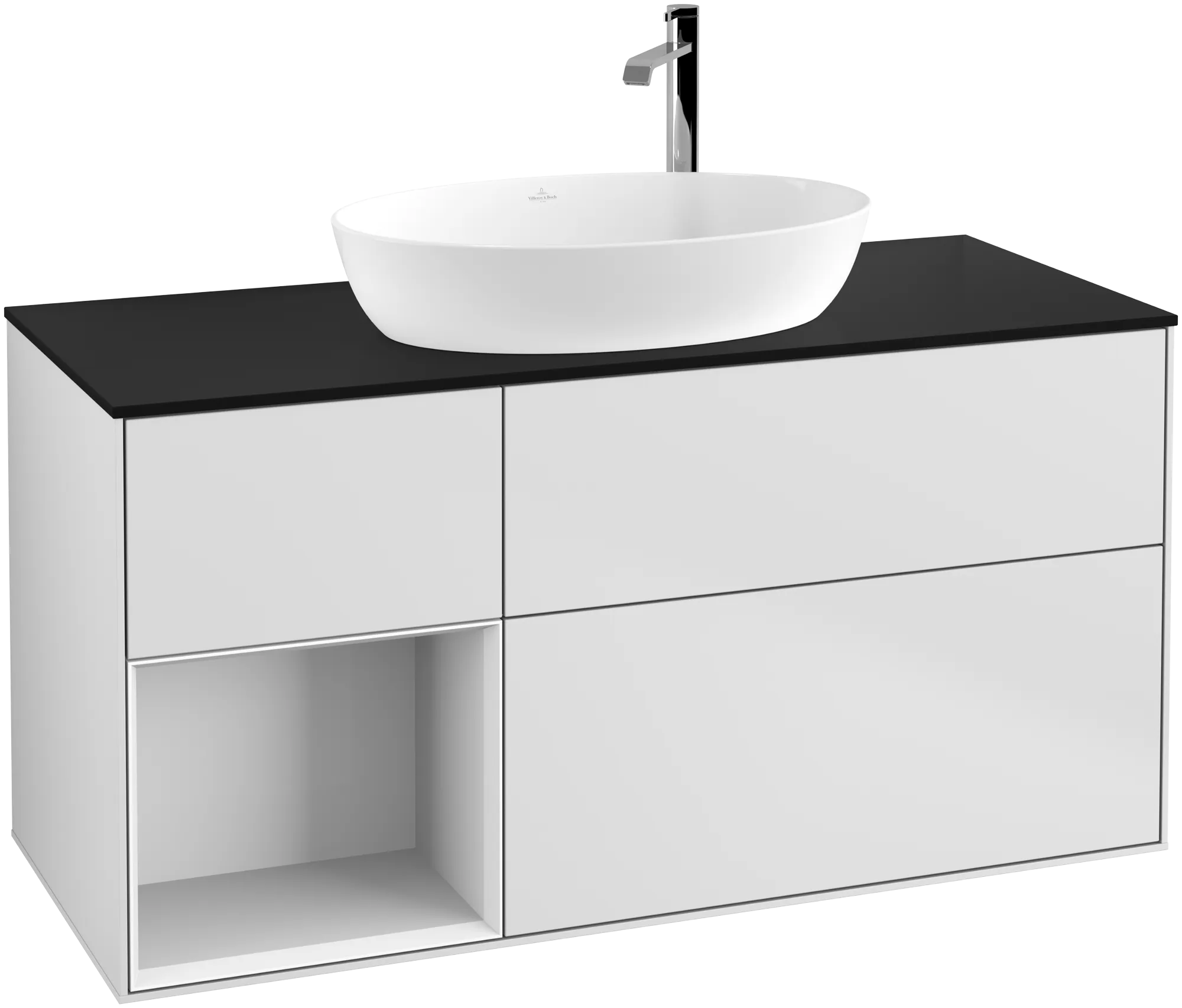 Bild von VILLEROY BOCH Finion Waschbeckenunterschrank, mit Beleuchtung, 3 Auszüge, 1200 x 603 x 501 mm, White Matt Lacquer / Glossy White Lacquer / Glass Black Matt #G942GFMT