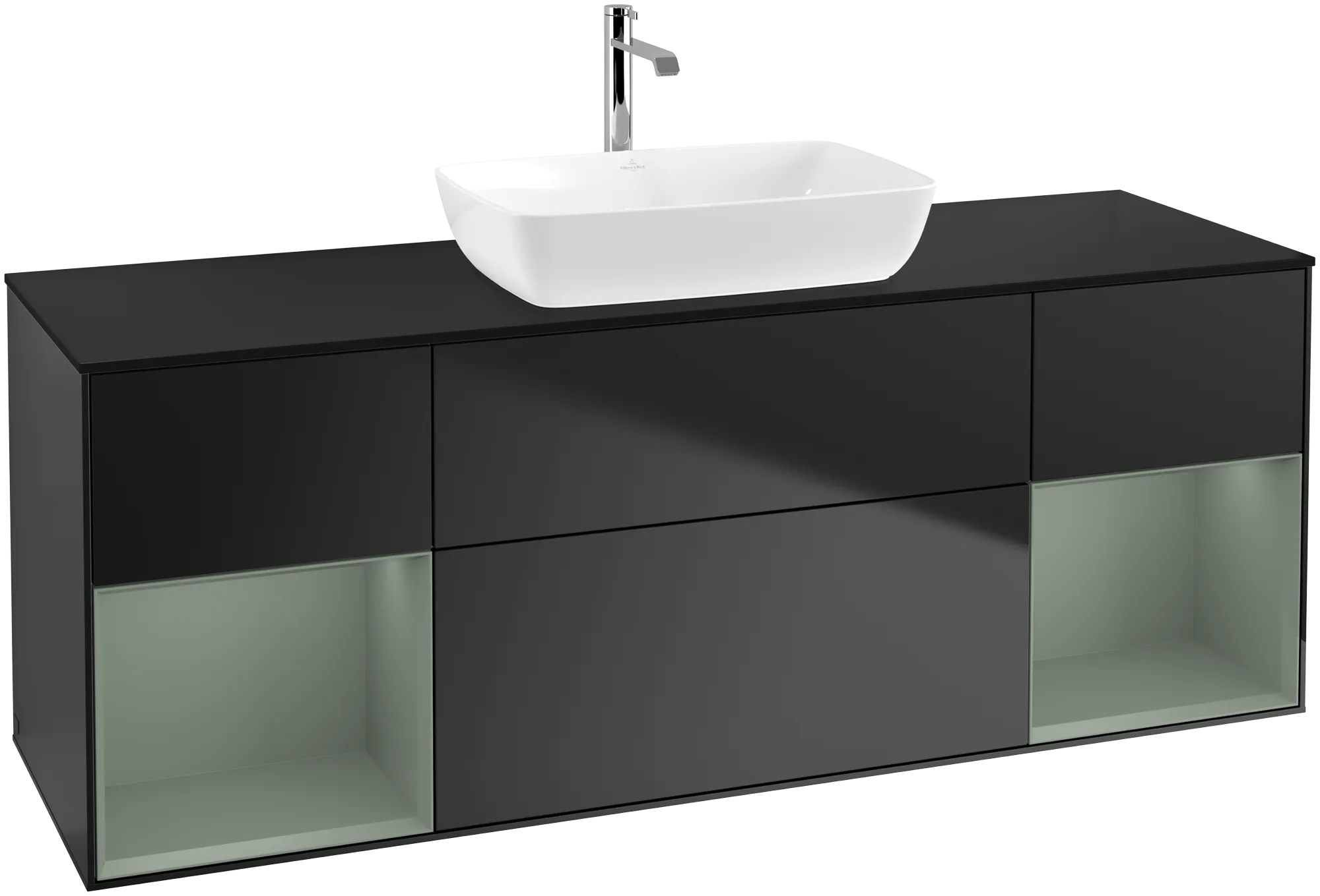 Picture of VILLEROY BOCH Finion Vanity unit, with lighting, 4 pull-out compartments, 1600 x 603 x 501 mm, Black Matt Lacquer / Olive Matt Lacquer / Glass Black Matt #G862GMPD