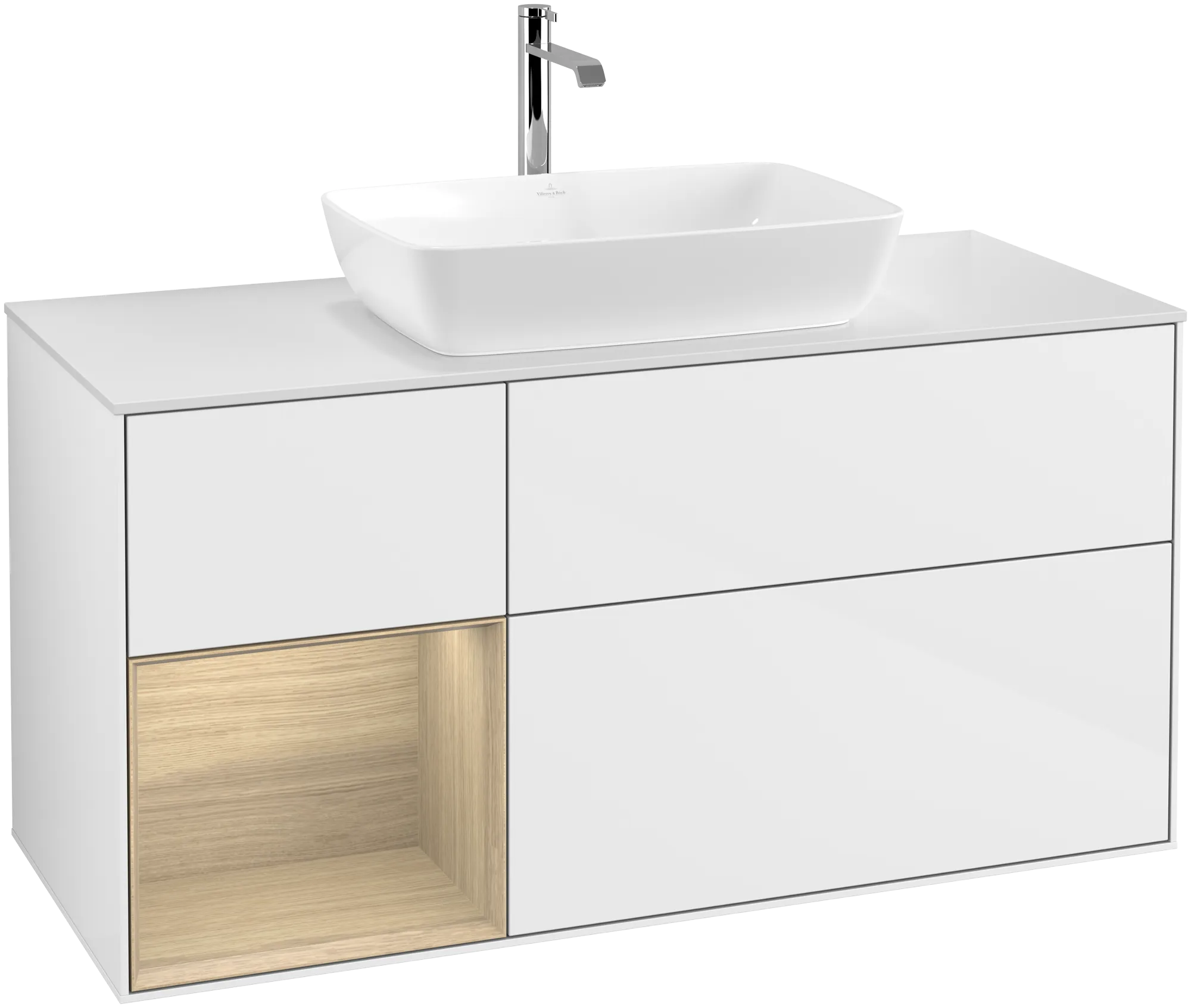 Bild von VILLEROY BOCH Finion Waschbeckenunterschrank, mit Beleuchtung, 3 Auszüge, 1200 x 603 x 501 mm, Glossy White Lacquer / Oak Veneer / Glass White Matt #G821PCGF