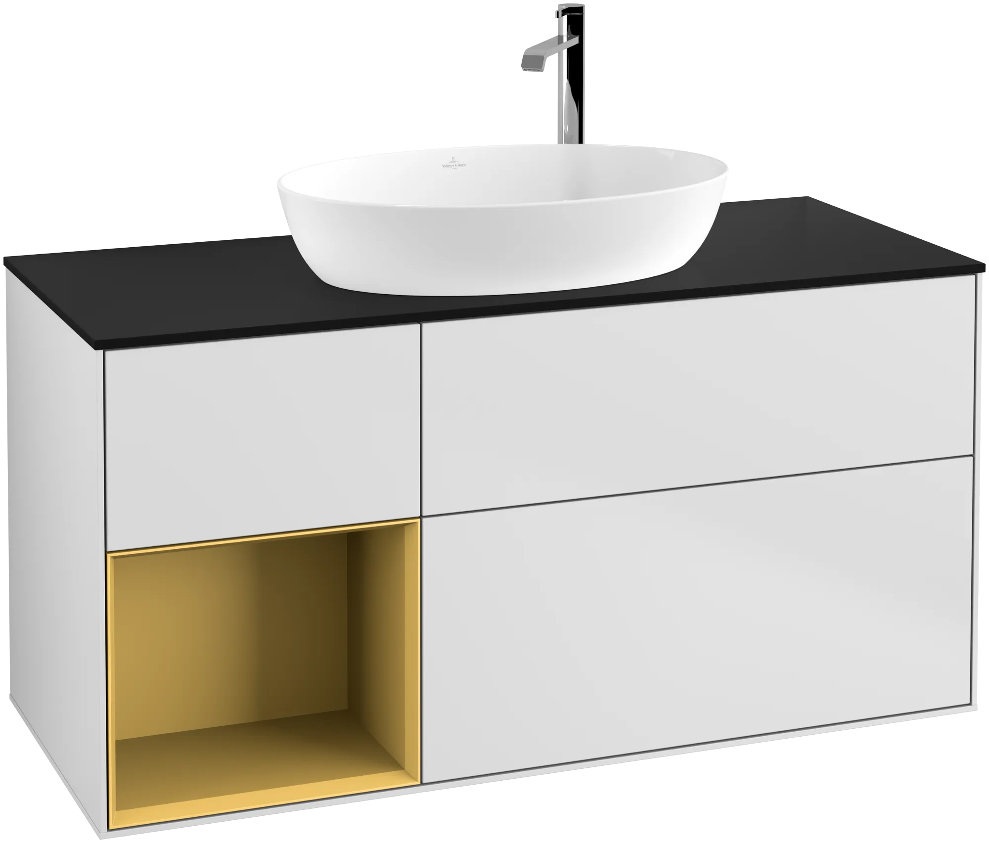 Bild von VILLEROY BOCH Finion Waschbeckenunterschrank, mit Beleuchtung, 3 Auszüge, 1200 x 603 x 501 mm, White Matt Lacquer / Gold Matt Lacquer / Glass Black Matt #G942HFMT