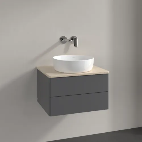 Bild von VILLEROY BOCH Antao Waschbeckenunterschrank, mit Beleuchtung, 2 Auszüge, 600 x 360 x 500 mm, Front ohne Struktur, Anthracite Matt Lacquer / Botticino #L18013GK