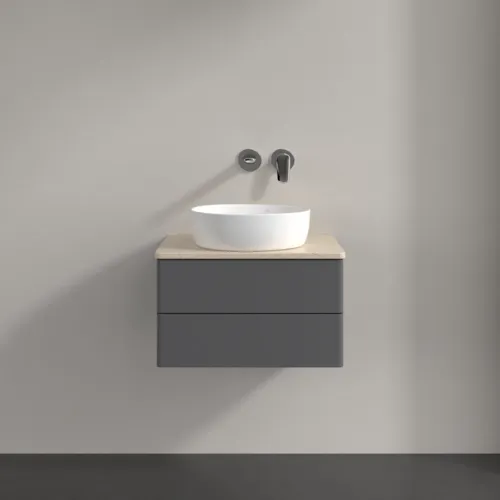 Bild von VILLEROY BOCH Antao Waschbeckenunterschrank, mit Beleuchtung, 2 Auszüge, 600 x 360 x 500 mm, Front ohne Struktur, Anthracite Matt Lacquer / Botticino #L18013GK