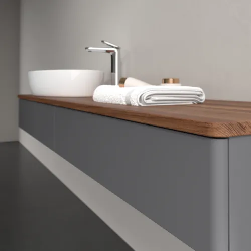 Bild von VILLEROY BOCH Antao Waschbeckenunterschrank, 2 Auszüge, 1600 x 190 x 500 mm, Front ohne Struktur, Anthracite Matt Lacquer / Warm Walnut #K15052GK