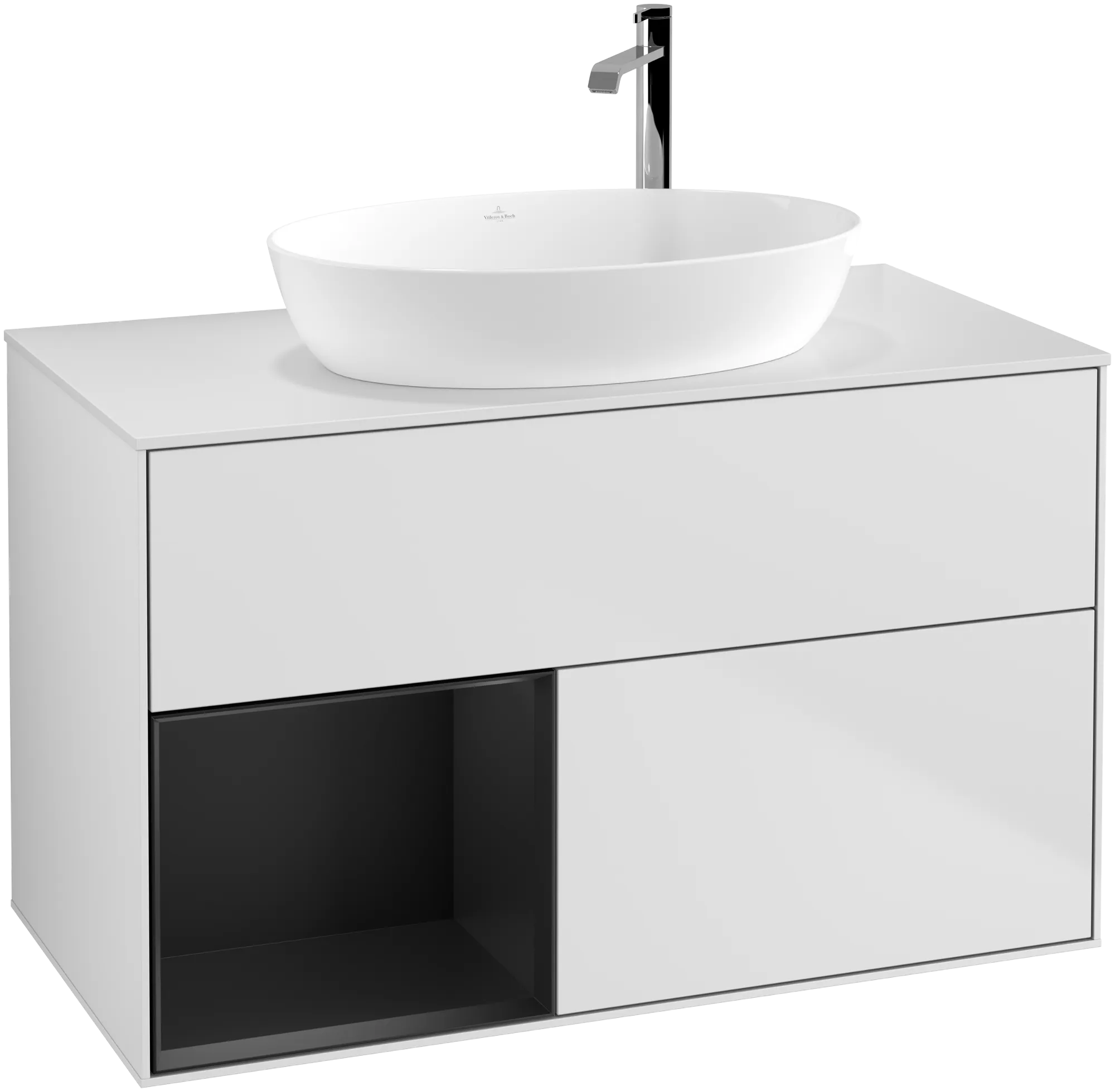 Bild von VILLEROY BOCH Finion Waschbeckenunterschrank, mit Beleuchtung, 2 Auszüge, 1000 x 603 x 501 mm, White Matt Lacquer / Black Matt Lacquer / Glass White Matt #G891PDMT