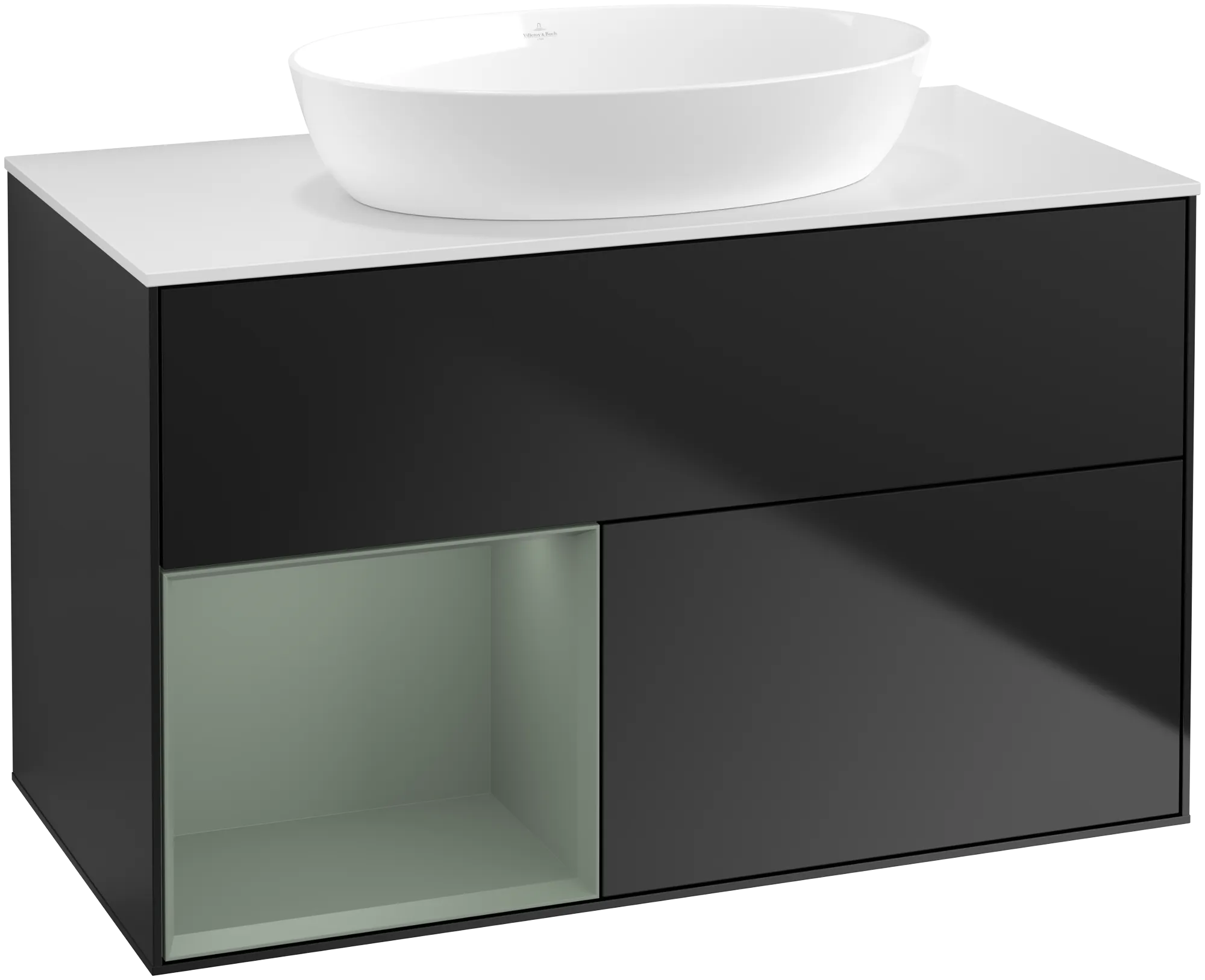 Bild von VILLEROY BOCH Finion Waschbeckenunterschrank, mit Beleuchtung, 2 Auszüge, 1000 x 603 x 501 mm, Black Matt Lacquer / Olive Matt Lacquer / Glass White Matt #GA11GMPD
