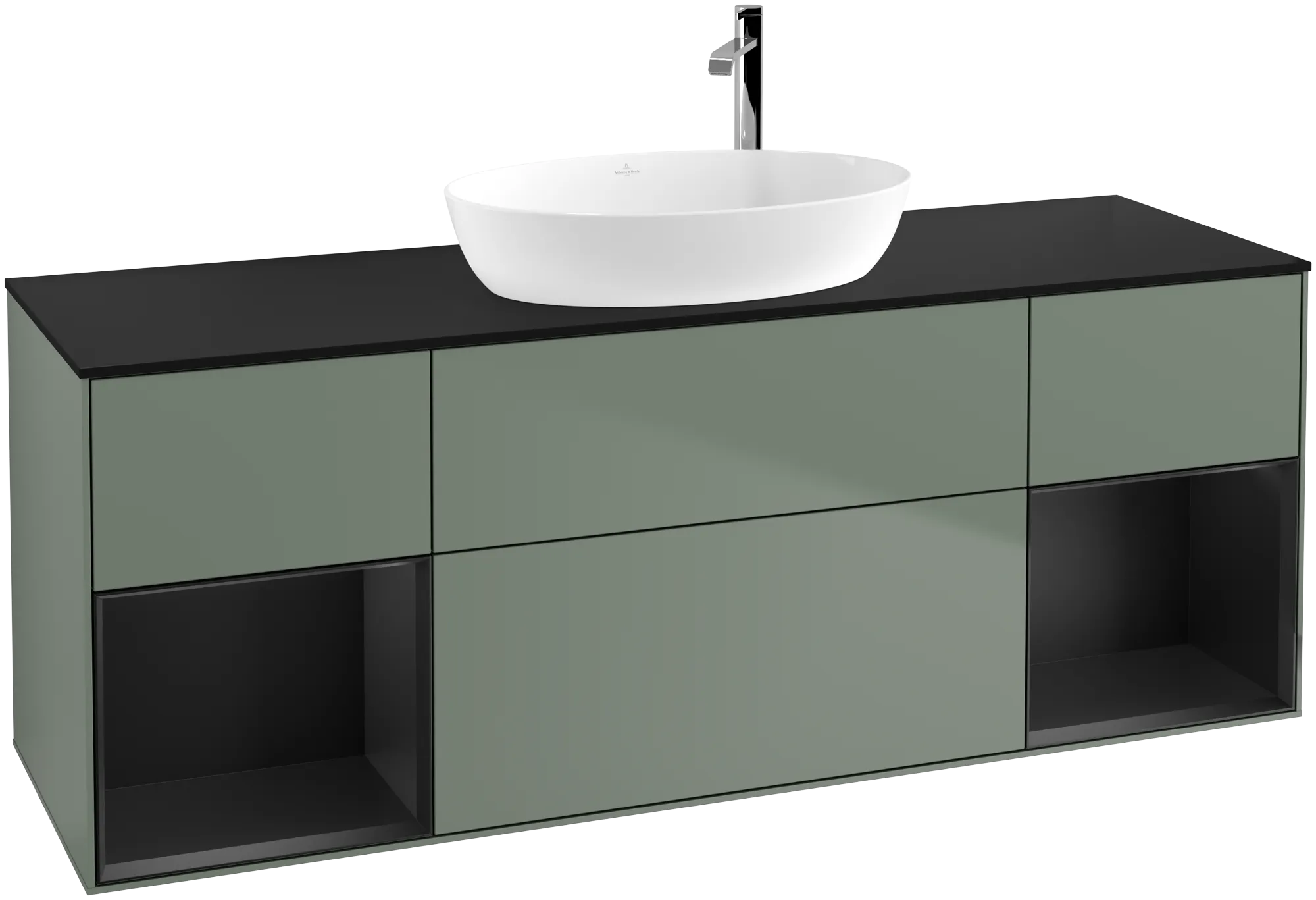 Bild von VILLEROY BOCH Finion Waschbeckenunterschrank, mit Beleuchtung, 4 Auszüge, 1600 x 603 x 501 mm, Olive Matt Lacquer / Black Matt Lacquer / Glass Black Matt #G982PDGM