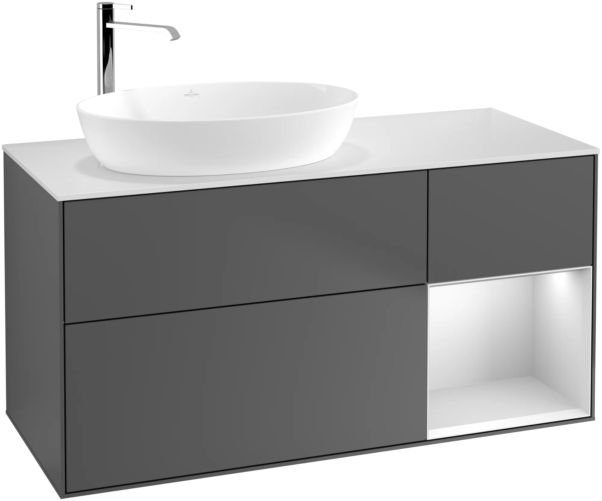 Bild von VILLEROY BOCH Finion Waschbeckenunterschrank, mit Beleuchtung, 3 Auszüge, 1200 x 603 x 501 mm, Anthracite Matt Lacquer / White Matt Lacquer / Glass White Matt #G931MTGK