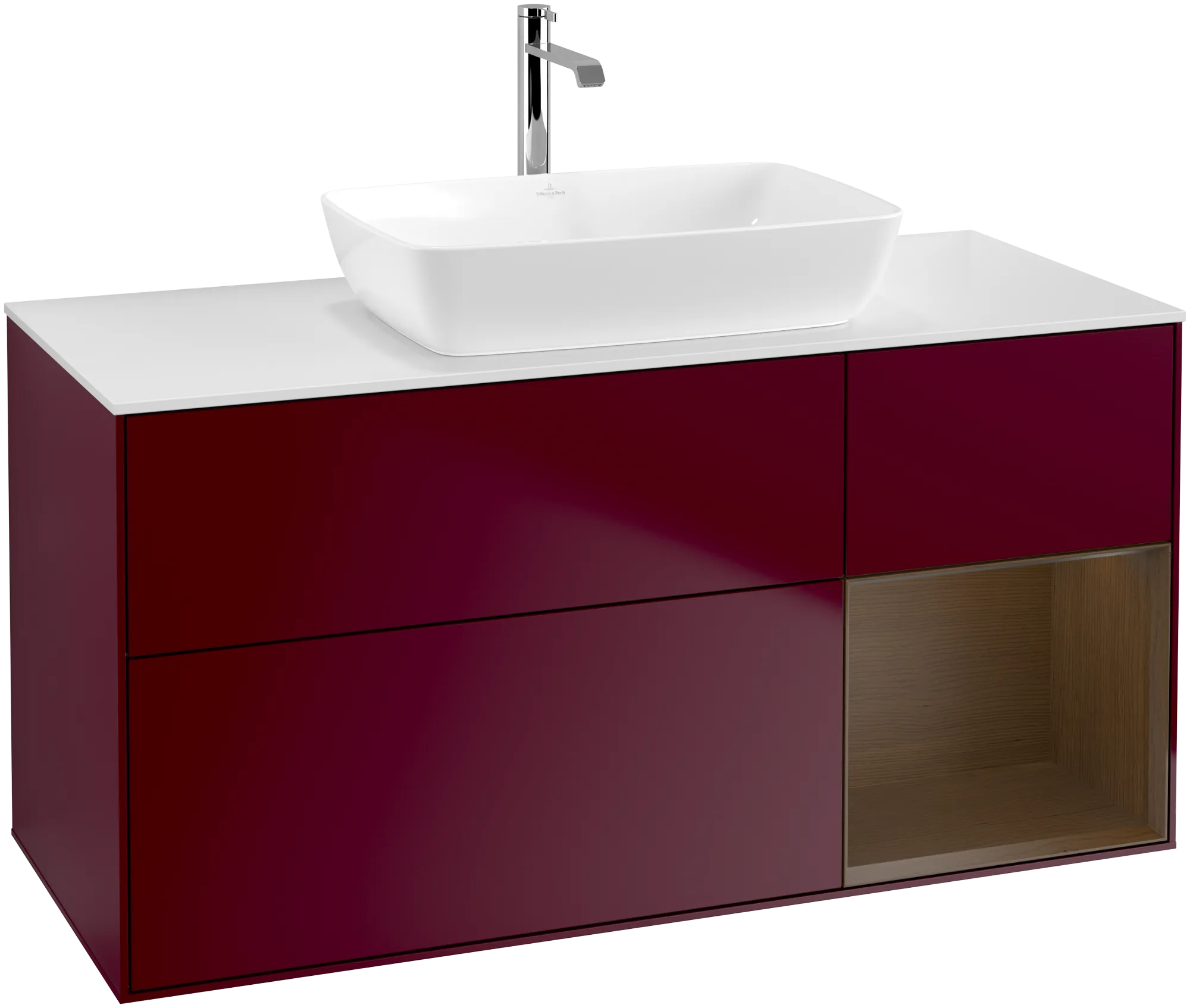 Bild von VILLEROY BOCH Finion Waschbeckenunterschrank, mit Beleuchtung, 3 Auszüge, 1200 x 603 x 501 mm, Peony Matt Lacquer / Walnut Veneer / Glass White Matt #G831GNHB