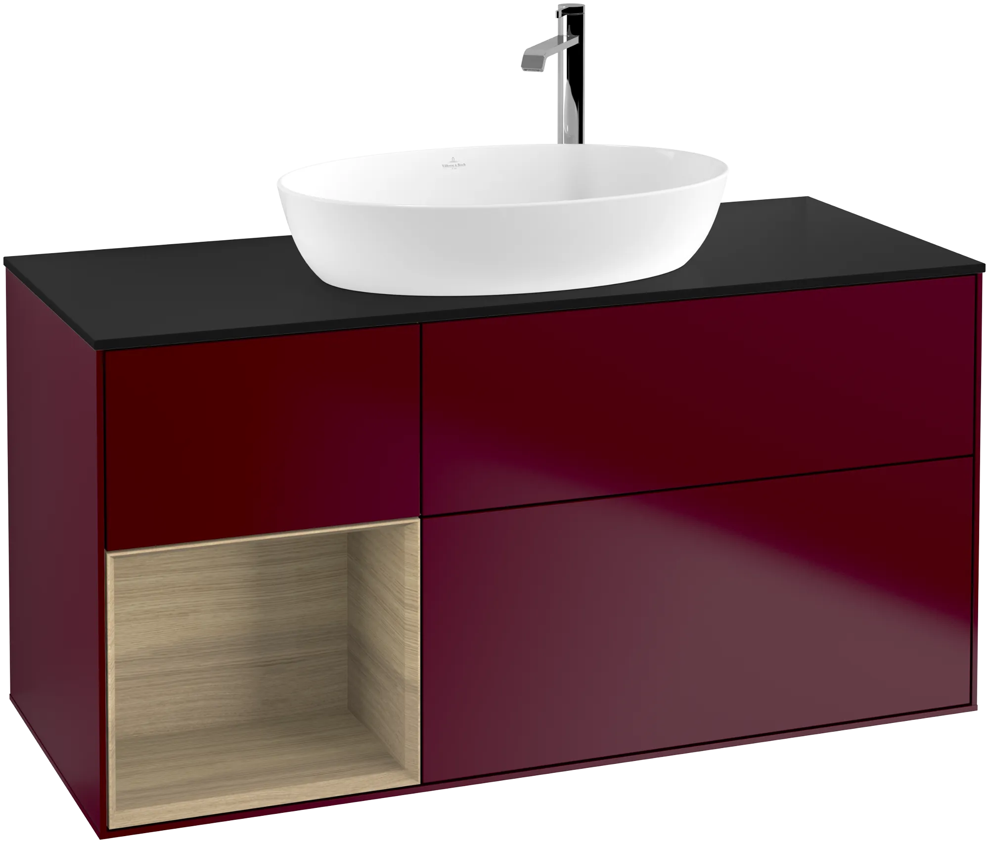 Bild von VILLEROY BOCH Finion Waschbeckenunterschrank, mit Beleuchtung, 3 Auszüge, 1200 x 603 x 501 mm, Peony Matt Lacquer / Oak Veneer / Glass Black Matt #G942PCHB