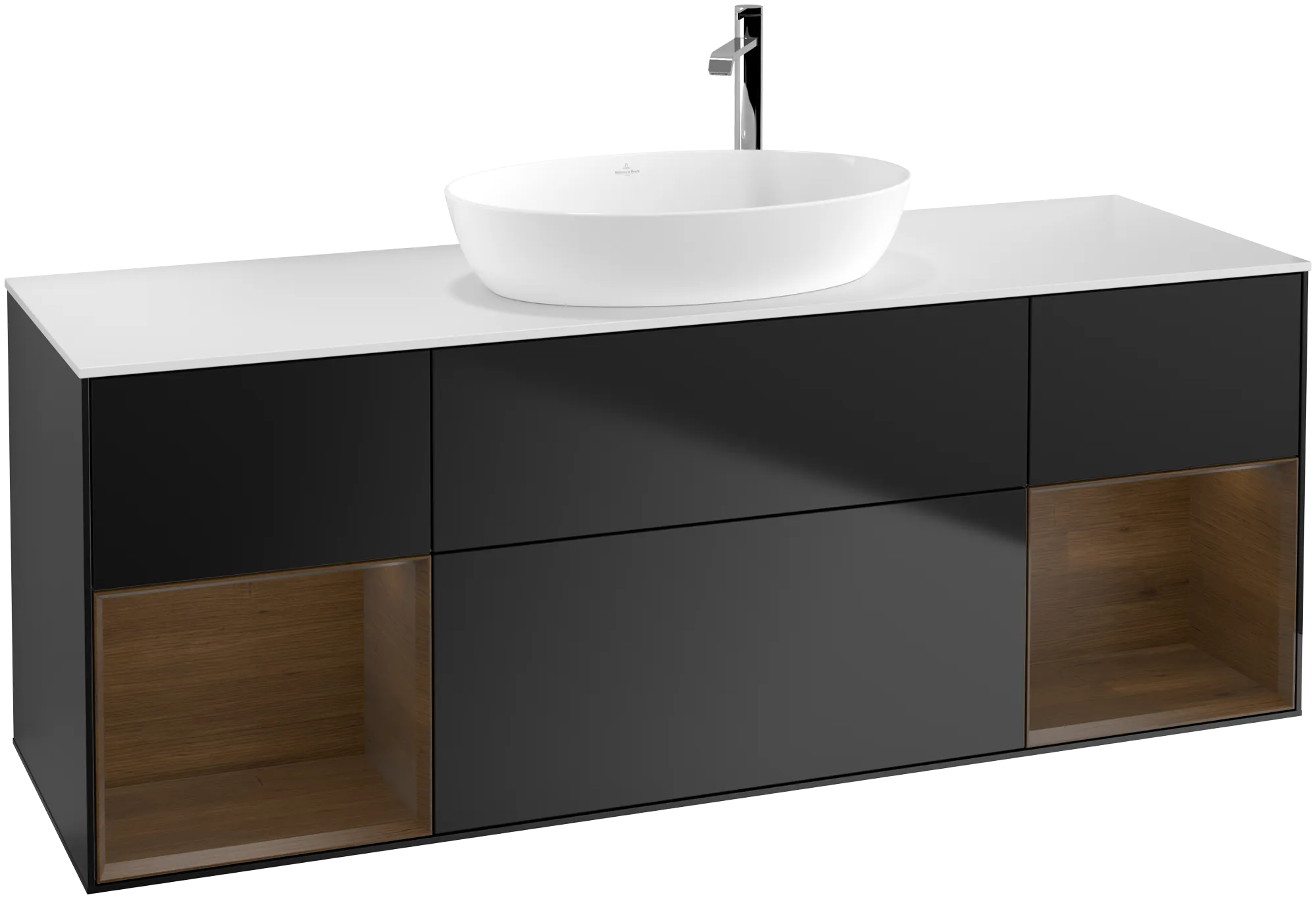 Bild von VILLEROY BOCH Finion Waschbeckenunterschrank, mit Beleuchtung, 4 Auszüge, 1600 x 603 x 501 mm, Black Matt Lacquer / Walnut Veneer / Glass White Matt #G981GNPD