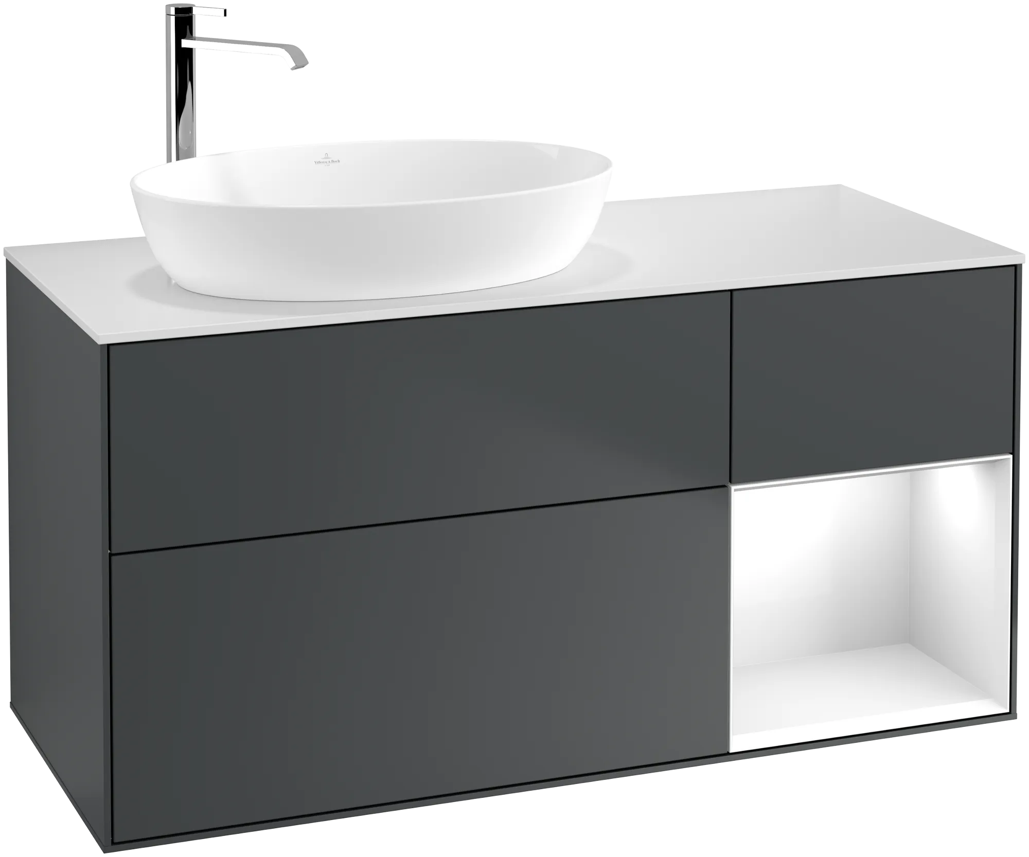 Bild von VILLEROY BOCH Finion Waschbeckenunterschrank, mit Beleuchtung, 3 Auszüge, 1200 x 603 x 501 mm, Midnight Blue Matt Lacquer / Glossy White Lacquer / Glass White Matt #G931GFHG
