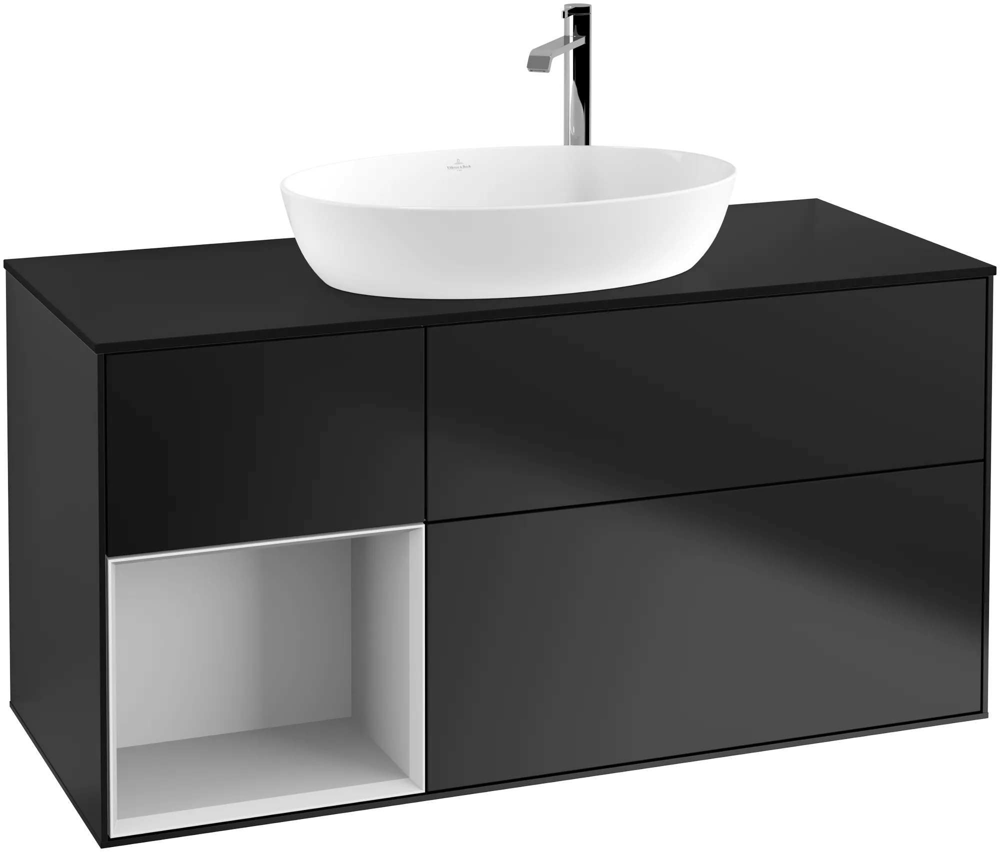 Bild von VILLEROY BOCH Finion Waschbeckenunterschrank, mit Beleuchtung, 3 Auszüge, 1200 x 603 x 501 mm, Black Matt Lacquer / White Matt Lacquer / Glass Black Matt #G942MTPD