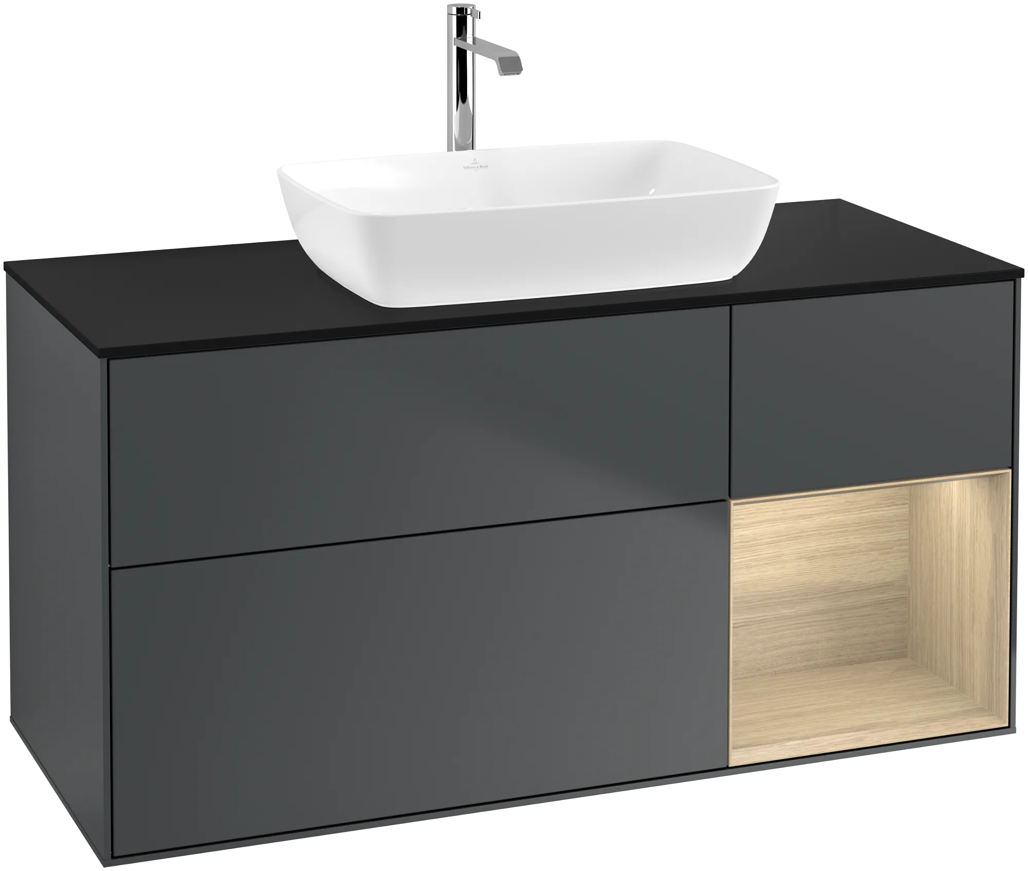 Bild von VILLEROY BOCH Finion Waschbeckenunterschrank, mit Beleuchtung, 3 Auszüge, 1200 x 603 x 501 mm, Midnight Blue Matt Lacquer / Oak Veneer / Glass Black Matt #G832PCHG