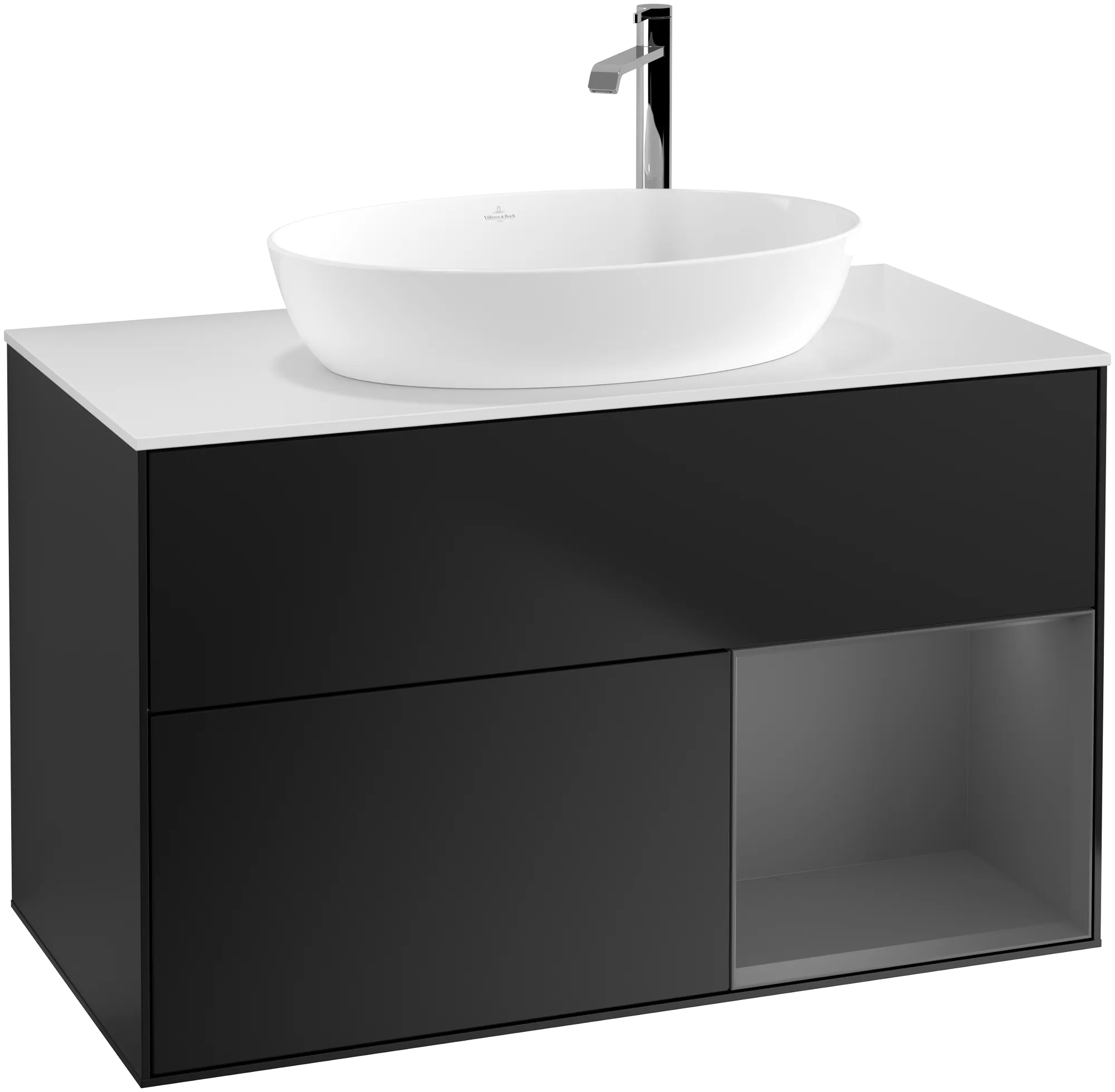 Bild von VILLEROY BOCH Finion Waschbeckenunterschrank, mit Beleuchtung, 2 Auszüge, 1000 x 603 x 501 mm, Black Matt Lacquer / Anthracite Matt Lacquer / Glass White Matt #G901GKPD